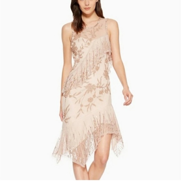 Parker Black/ NWT Florence Sequin FLAPPER Beaded Dress Rosaline Champagne Nude 8 - Picture 1 of 5